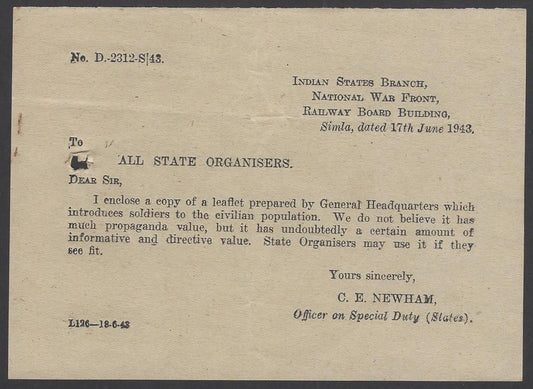 India 1943 WW2 National War Front Propaganda Leaflet To All State Organisers