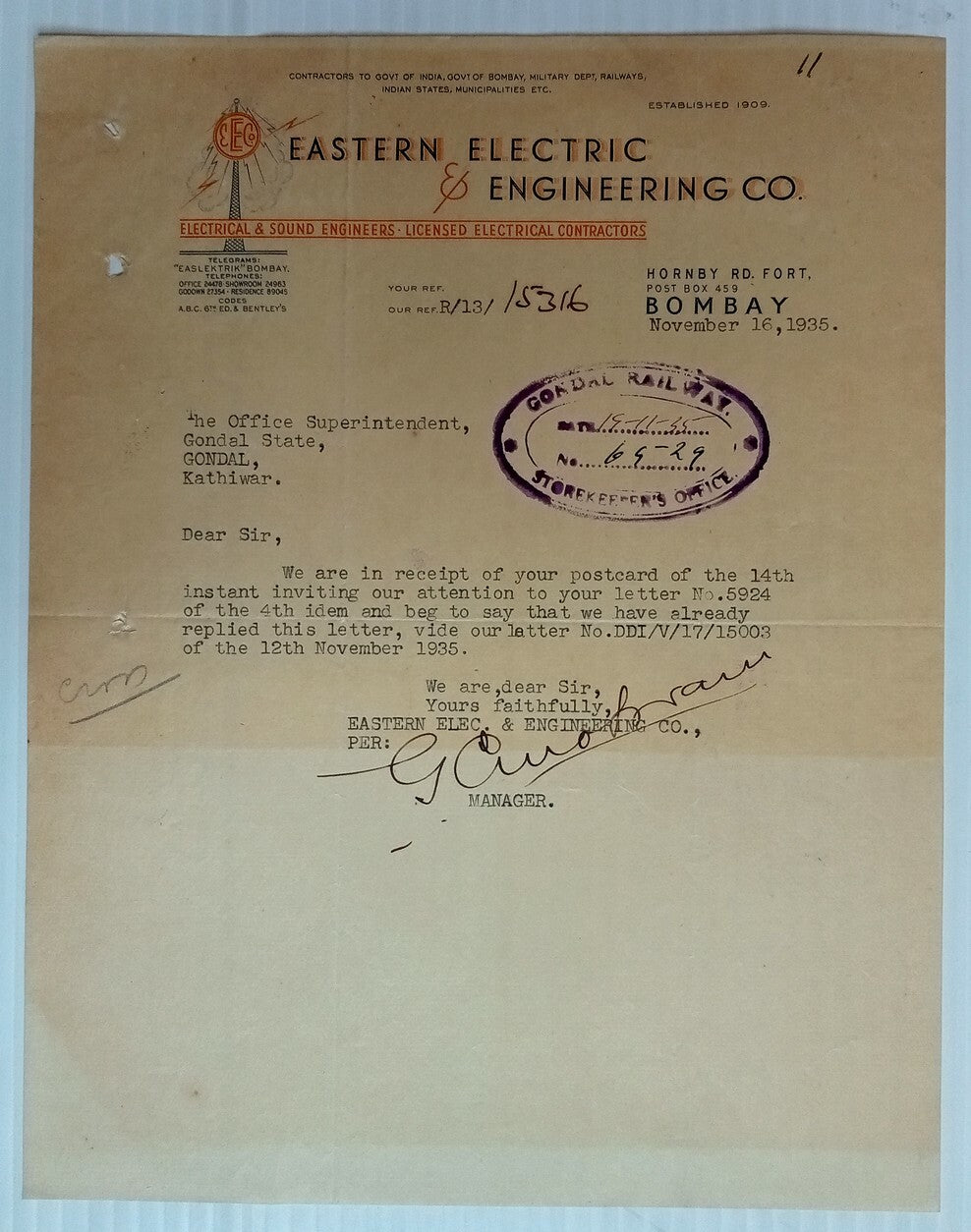 AOP India 1935 letterhead EASTERN ELECTRIC & ENGINEERING CO. Bombay