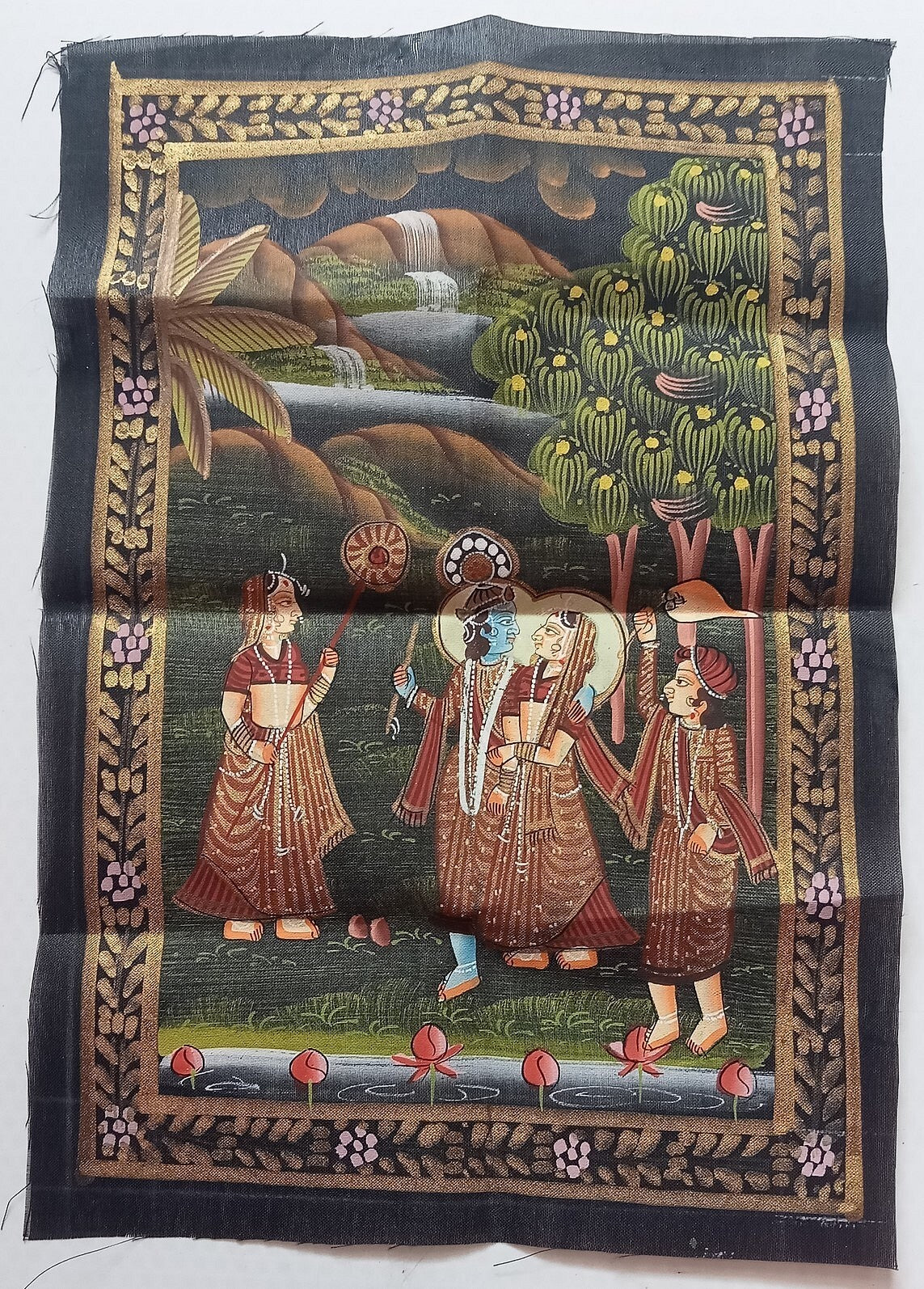India vintage hand painting on cloth RADHA & KRISHNA 8 x 11 inches