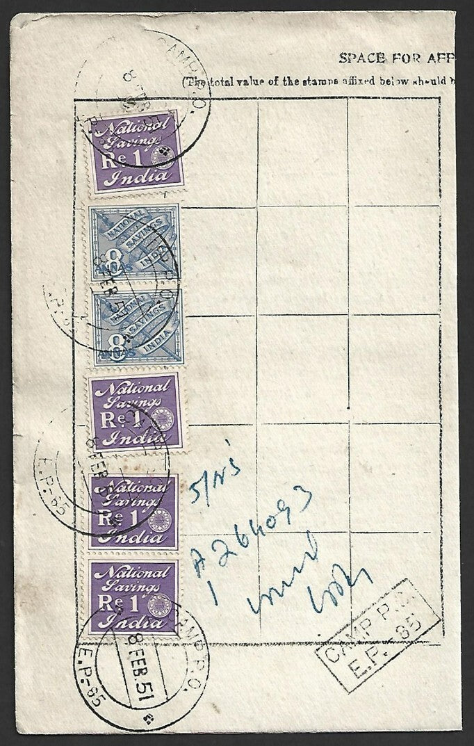 India National Savings card with 1947 NATIONAL SAVINGS INDIA stamps x 6 CAMP P.O