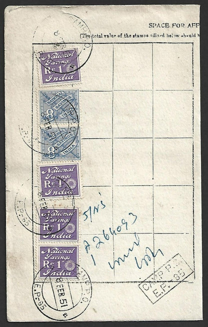 India National Savings card with 1947 NATIONAL SAVINGS INDIA stamps x 6 CAMP P.O