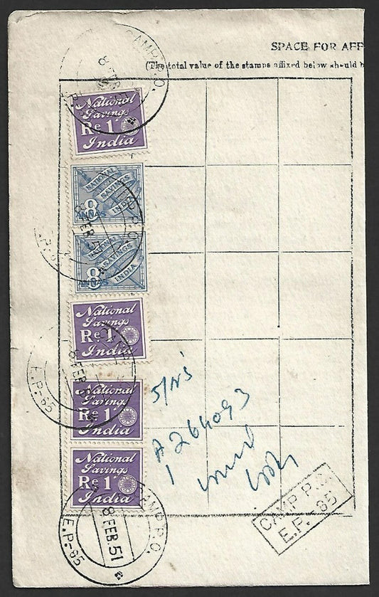 India National Savings card with 1947 NATIONAL SAVINGS INDIA stamps x 6 CAMP P.O