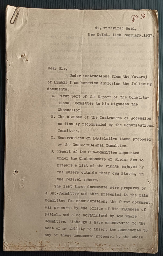 India 1937 ACCESSION Negotiations Views of Yuvraj LIMBDI STATE 21pgs typewritten