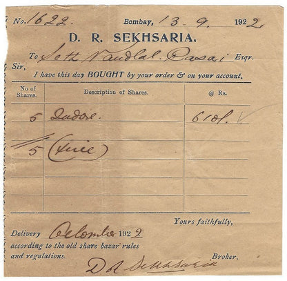 India 1922 Share Purchase receipt – delivery after a month