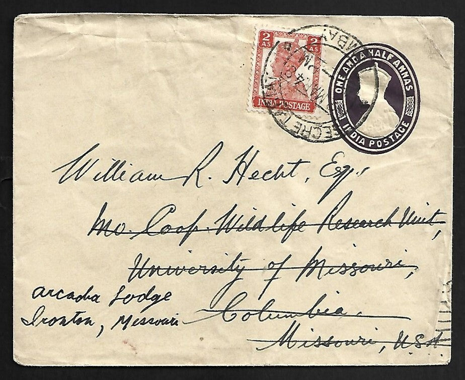 AOP India KGVI 1 1/2a envelope uprated KGVI 2a block to USA redirected