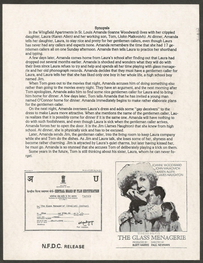 THE GLASS MENAGERIE 1987/1990  India press card Paul Newman