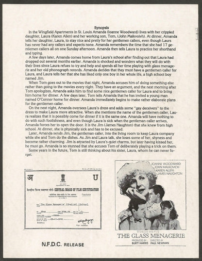 THE GLASS MENAGERIE 1987/1990  India press card Paul Newman