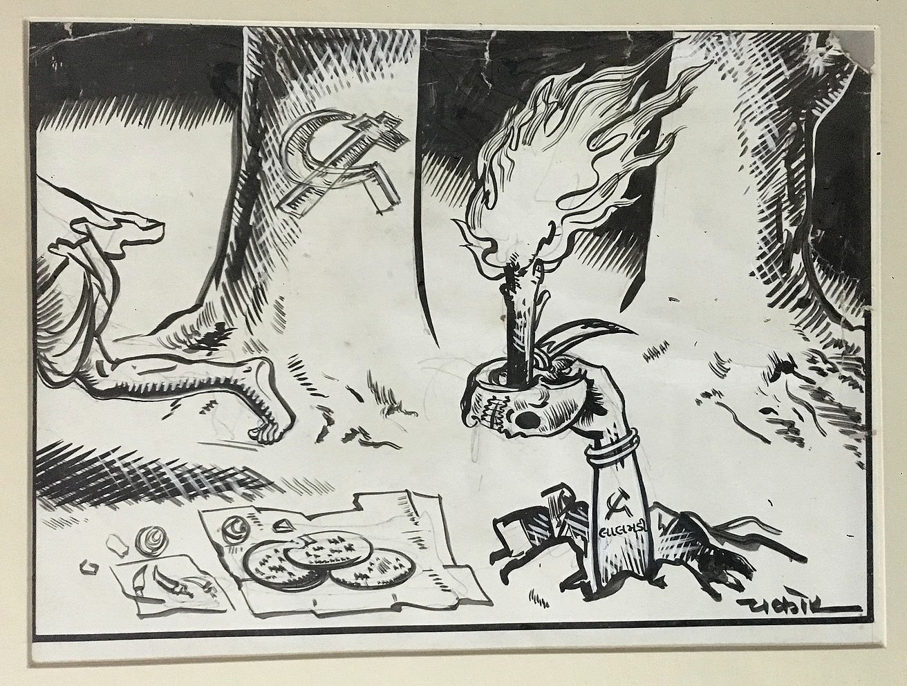 India Cartoonist CHAKOR artwork Fleeing Communism 11" x 8.2"