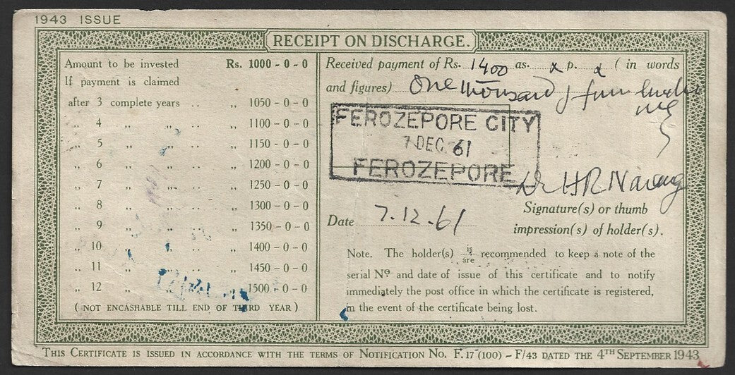 India PATIALA STATE 1943 Post Office National Savings Certificate 1000R