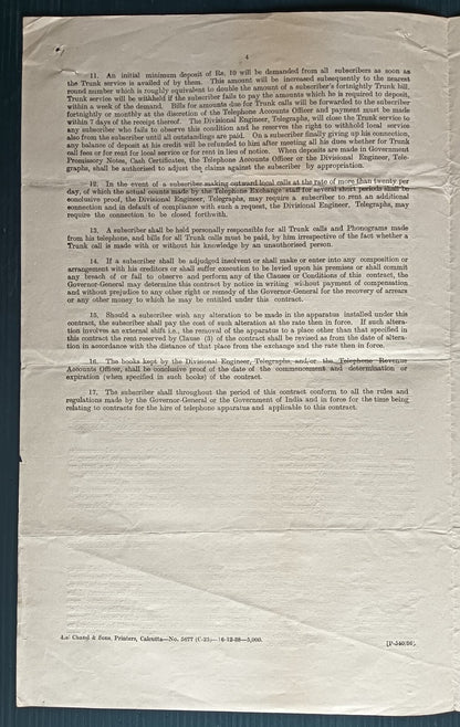 India 1939 SHILLONG Telephone Circuit set up application & terms
