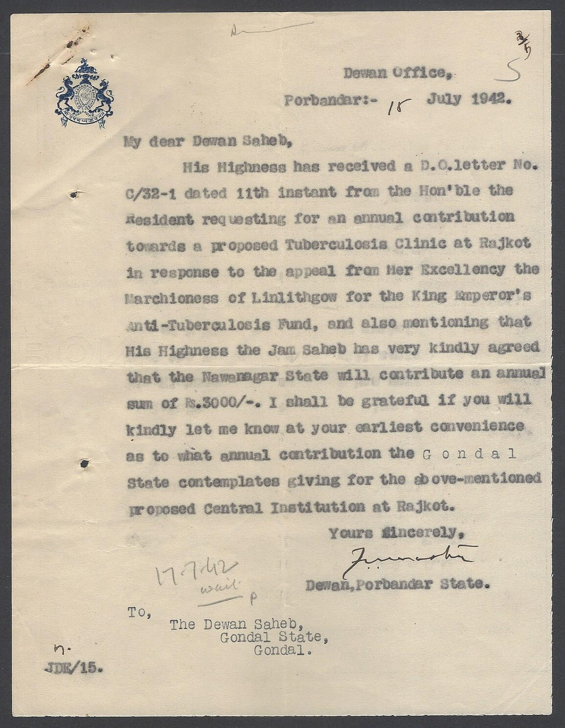 AOP India Porbandar State crested letter re: Tubercolosis Fund 1942
