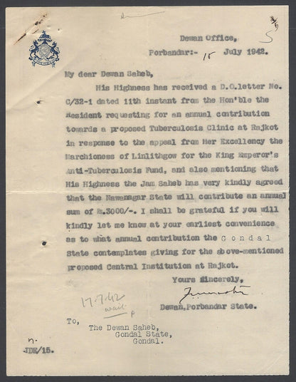 AOP India Porbandar State crested letter re: Tubercolosis Fund 1942