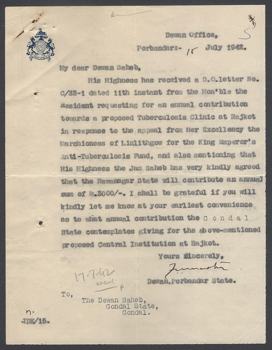 AOP India Porbandar State crested letter re: Tubercolosis Fund 1942
