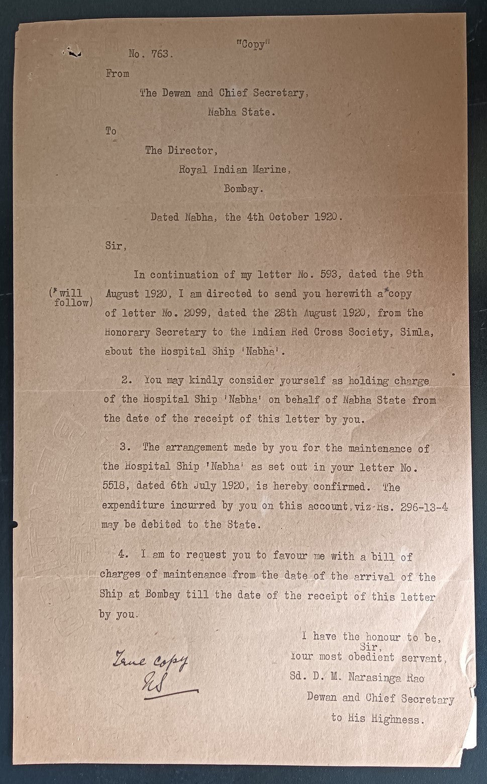 India post WW1 1920 letter about Hospital Ship "Nabha"