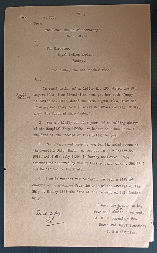 India post WW1 1920 letter about Hospital Ship "Nabha"