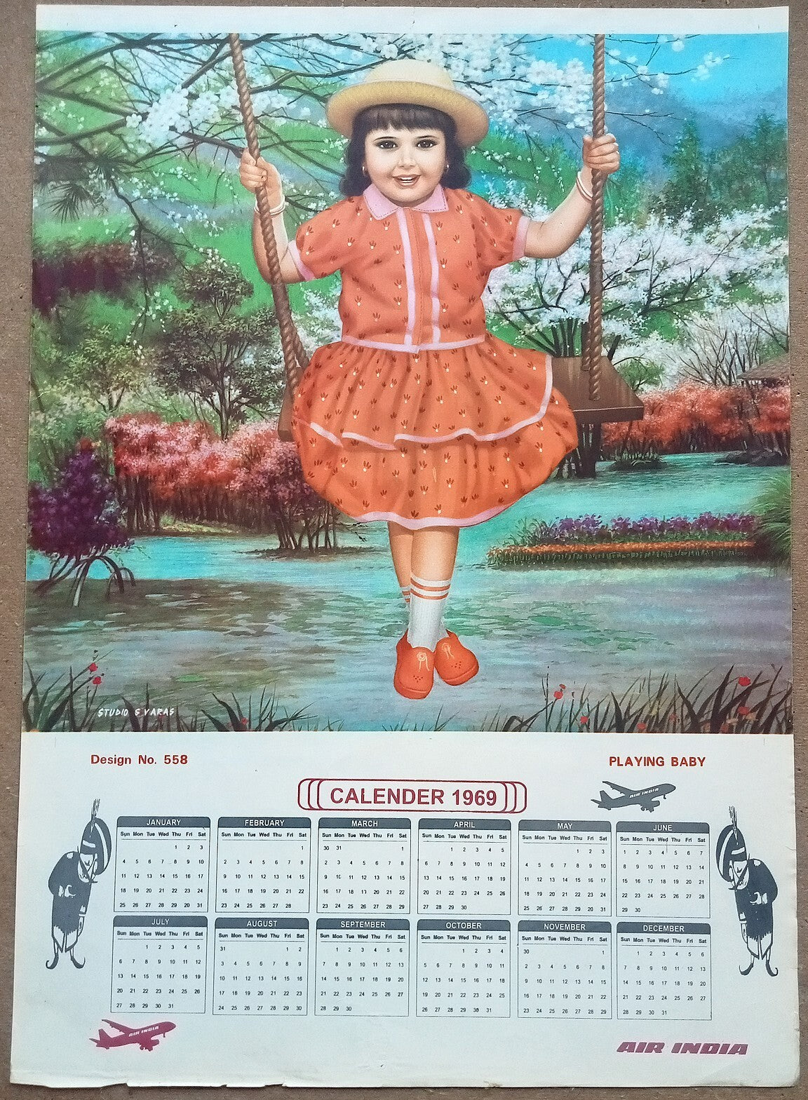 AIR INDIA 1969 poster calender 558 - PLAYING BABY - STUDIO : S. V. VARAS - R