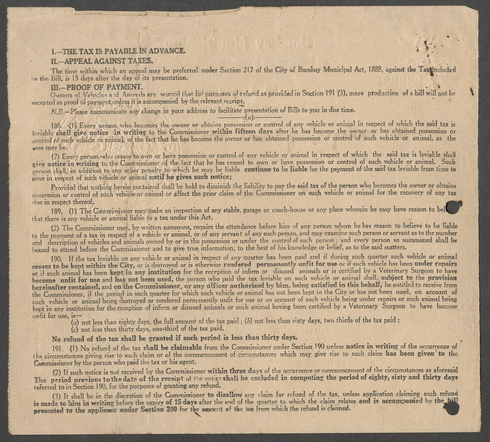 AOP India 1949 4th Q Bombay Municipal Corp BILL FOR TAX ON VEHICLES AND ANIMALS