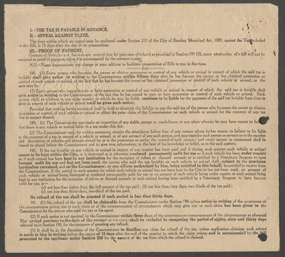 AOP India 1949 4th Q Bombay Municipal Corp BILL FOR TAX ON VEHICLES AND ANIMALS