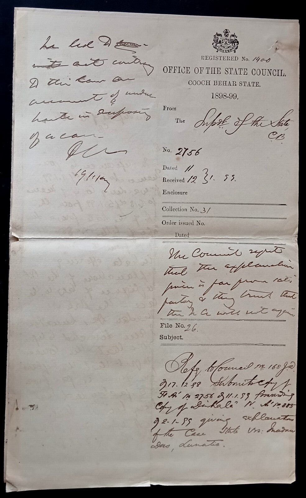 India COOCH BEHAR 1898 document zaz
