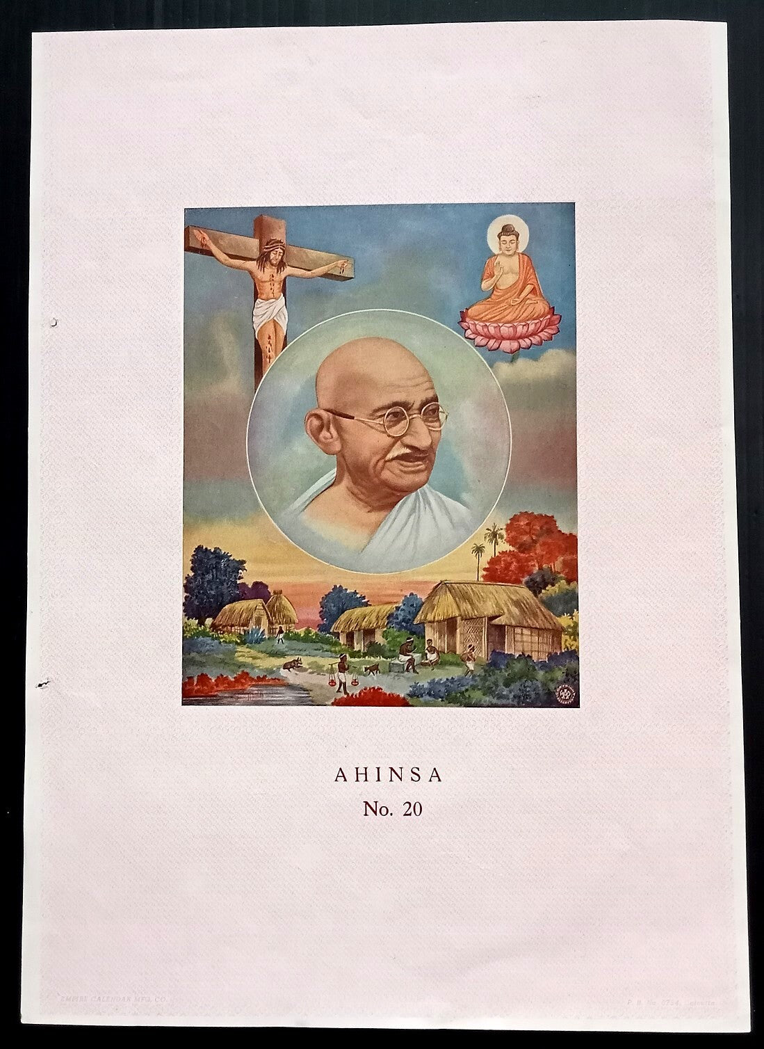 AOP India vintage patriotic calendar sample poster 1950s Gandhi Buddha Christ R