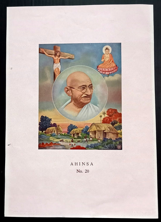 AOP India vintage patriotic calendar sample poster 1950s Gandhi Buddha Christ R