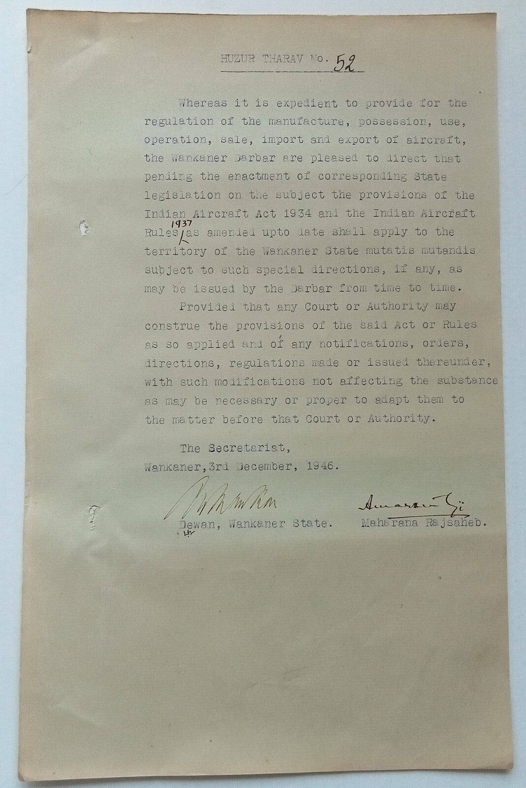 (AOP) India 1946 INDIAN AIRCRAFTS ACT signed Amar Singh MAHARAJA of WANKANER
