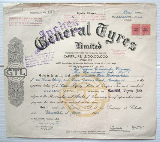 India Incheck Tyres (General Tyres) Ltd.1964 share certificate No - 12174