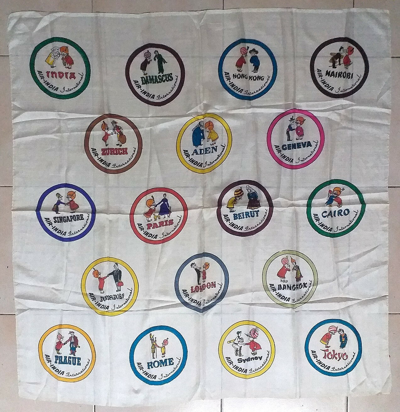 Air India vintage wall hanging showing all 18 coasters 35 x 35 inches