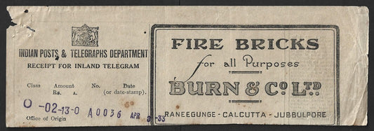 India 1933 telegraph receipt w FIRE BRICKS/BURNS & CO advertisement