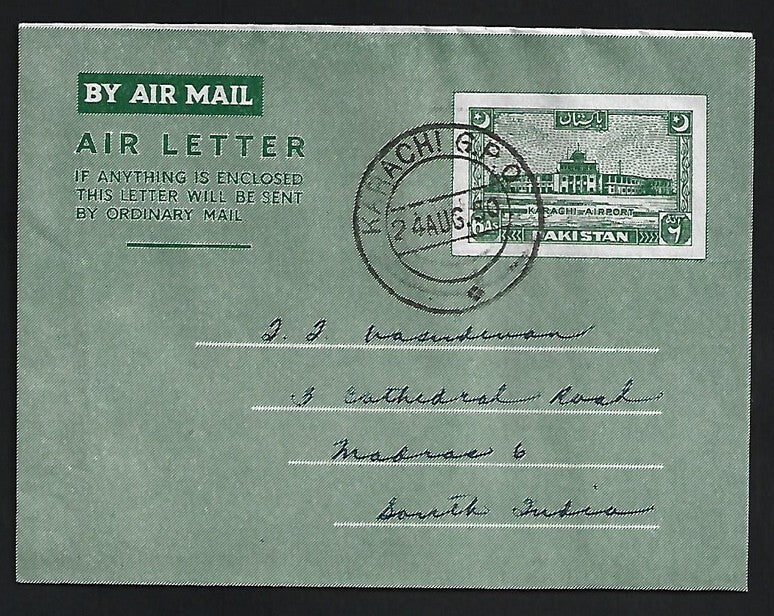 (AOP) Pakistan 1950 6a aerogramme used to India. HG #FG11