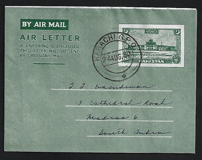 (AOP) Pakistan 1950 6a aerogramme used to India. HG #FG11