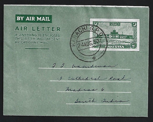 (AOP) Pakistan 1950 6a aerogramme used to India. HG #FG11