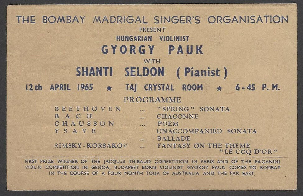 Gyorgy Pauk & Shanti Sheldon 1965 India performance advertisement