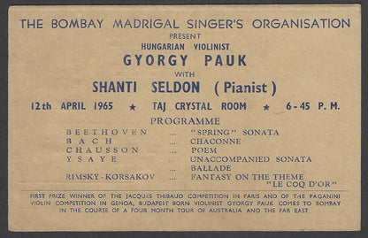 Gyorgy Pauk & Shanti Sheldon 1965 India performance advertisement