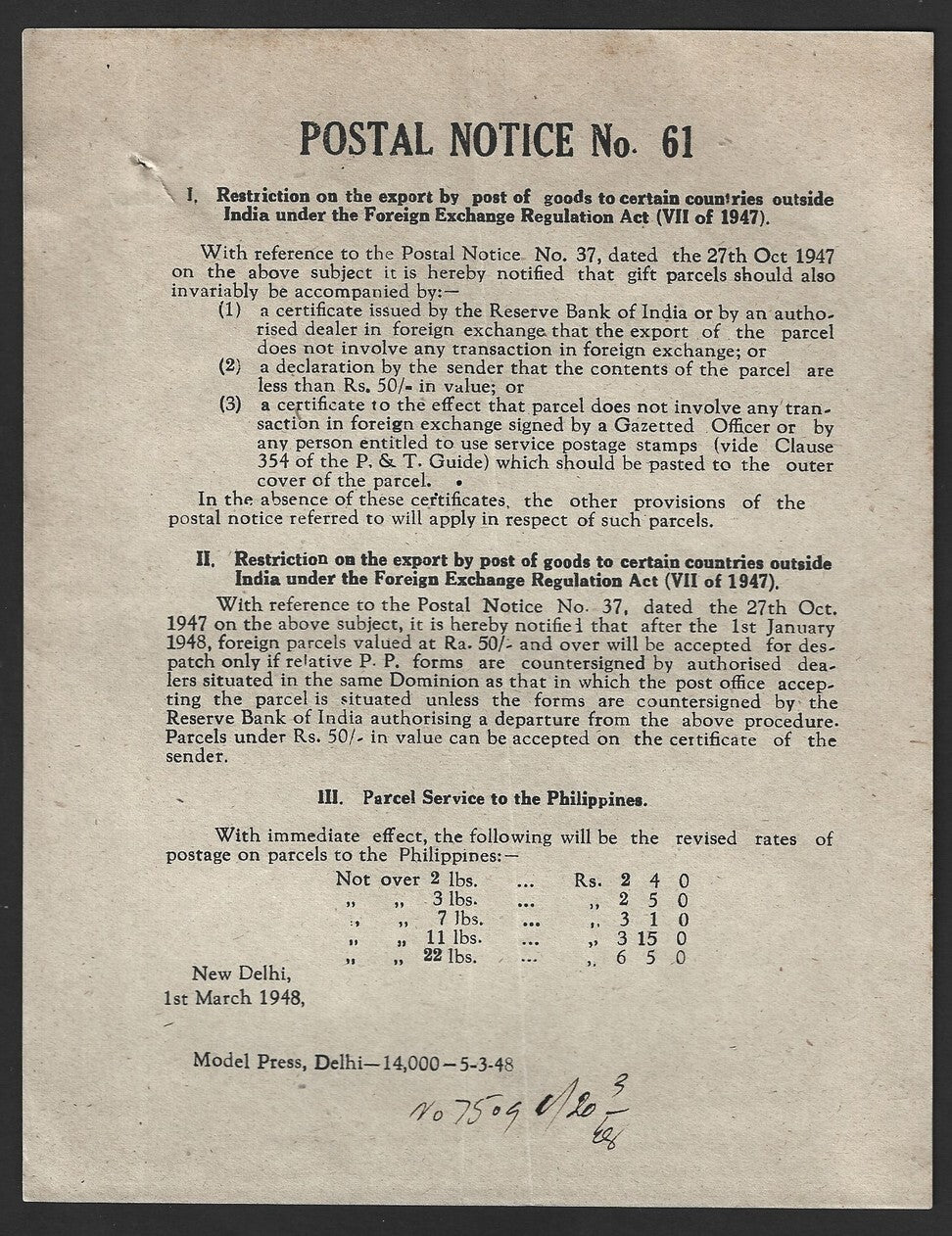 India POSTAL NOTICE 1 Mar 1948 Restriction on export by post under the FERA Act