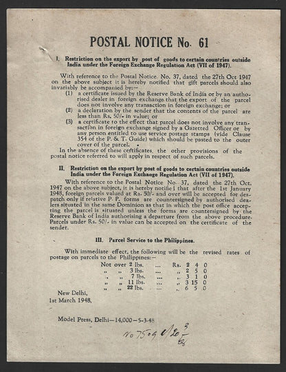 India POSTAL NOTICE 1 Mar 1948 Restriction on export by post under the FERA Act