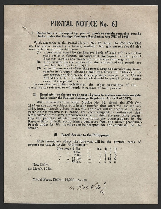 India POSTAL NOTICE 1 Mar 1948 Restriction on export by post under the FERA Act