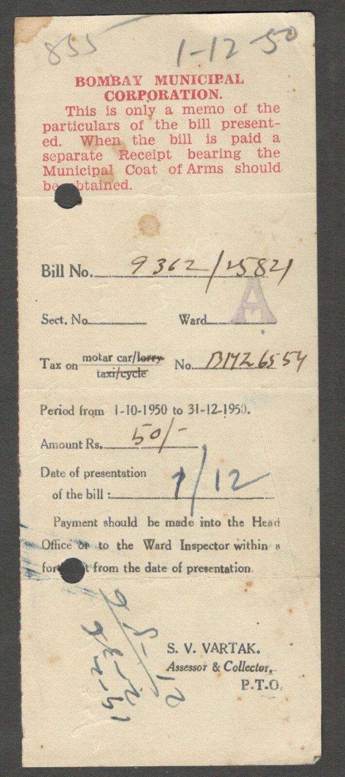 AOP India 1950-52 Tax on Motor Cars receipt