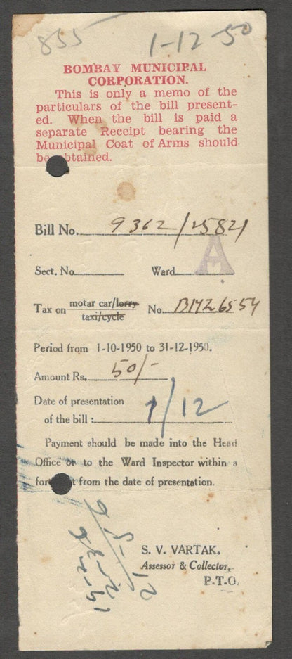 AOP India 1950-52 Tax on Motor Cars receipt