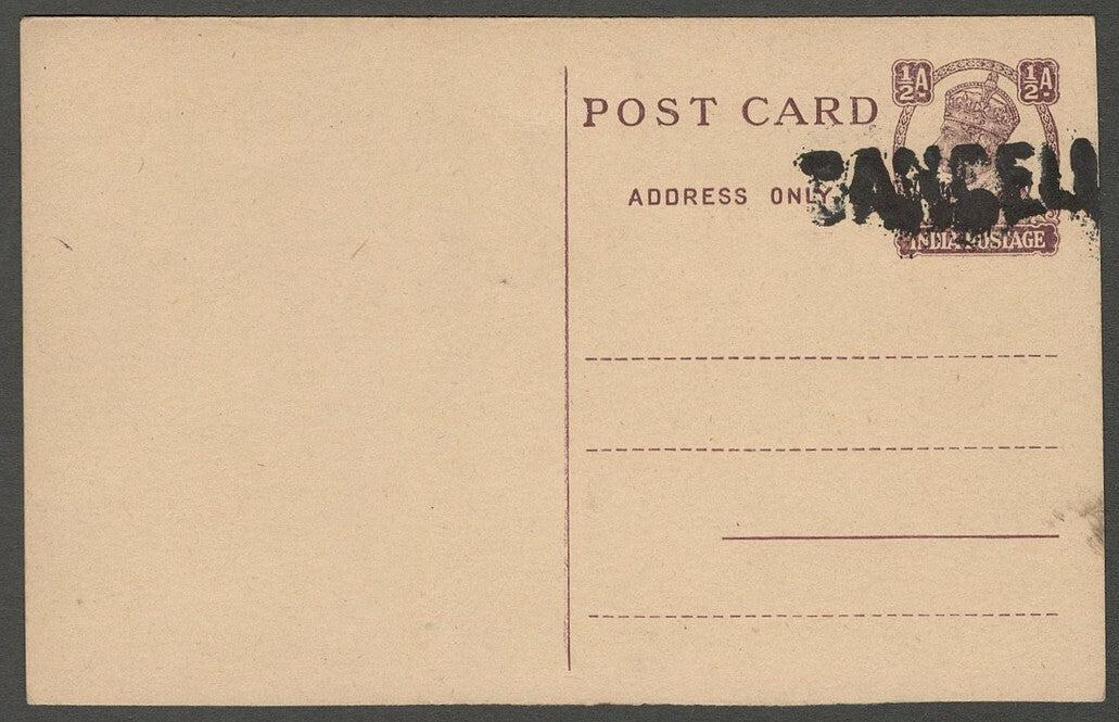 AOP India KGVI King George VI 1/2a postal card with part CANCELLED overprint