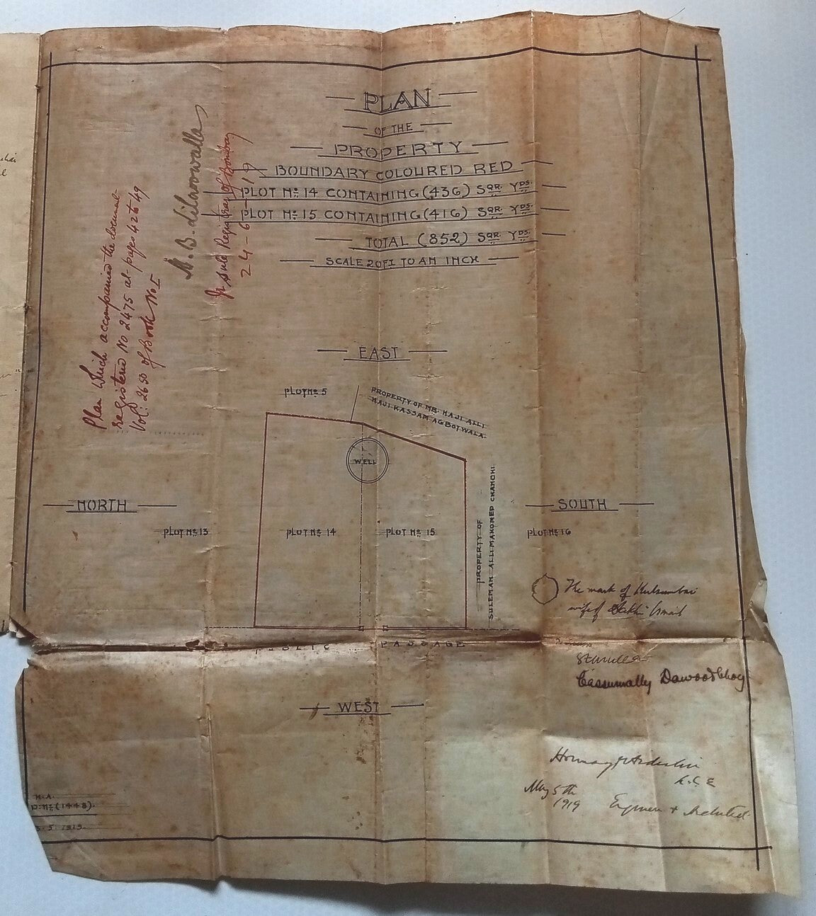 AOP India Special Adhesive KEdVII 100R & KGV 5r & 20R on 1916 indenture & map