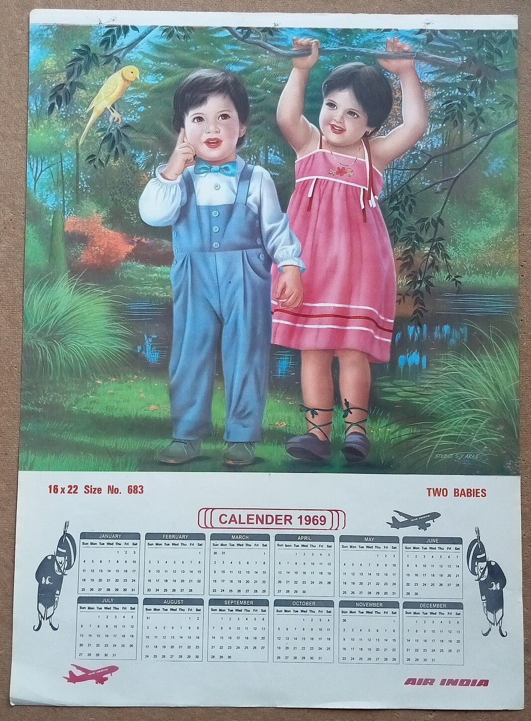 AIR INDIA 1969 poster calender 683 - TWO BABIES - STUDIO : S. V. VARAS - R