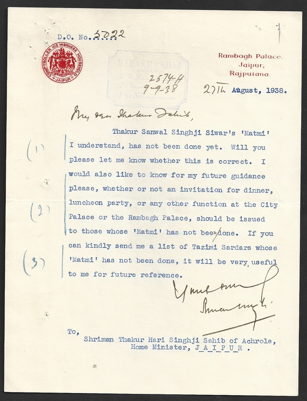 India 1938 crested letter about MATMI (Submission to British interests ritual)