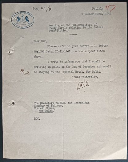 India 1938 crested letter PATIALA GOVERNMENT / FOREIGN DEPARTMENT