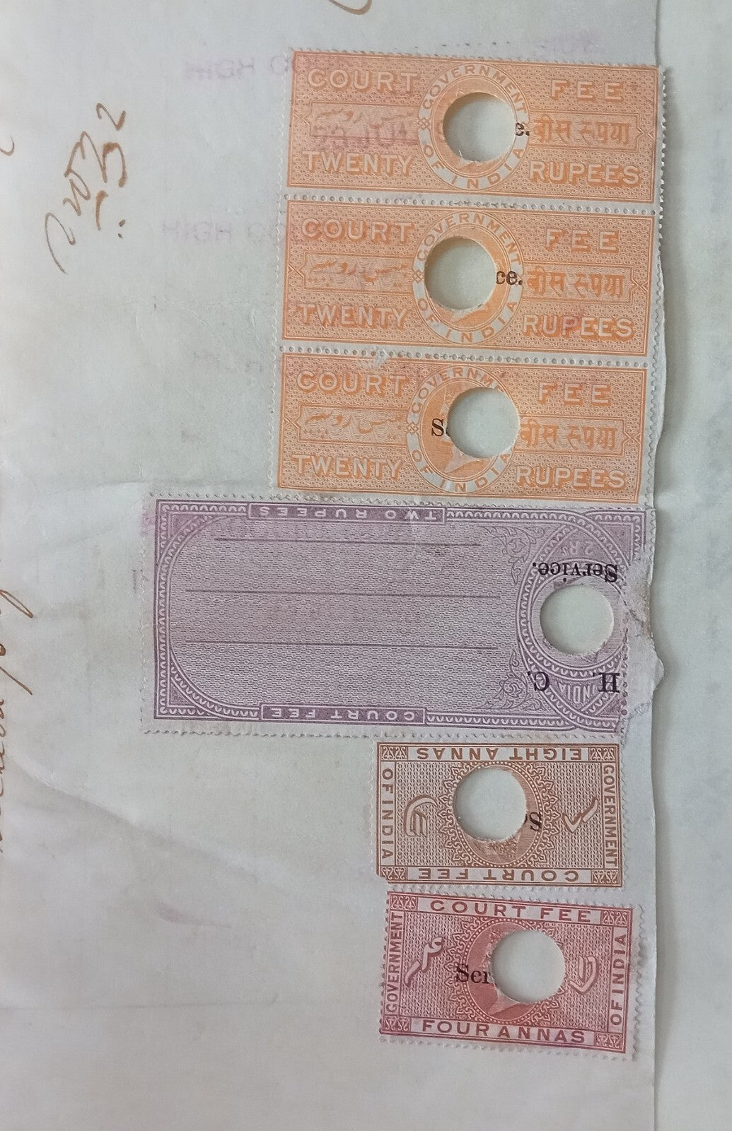 AOP India vellum parchment with QV Court Fee Service & High Court Service stamps
