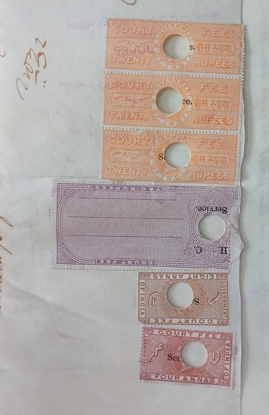 AOP India vellum parchment with QV Court Fee Service & High Court Service stamps