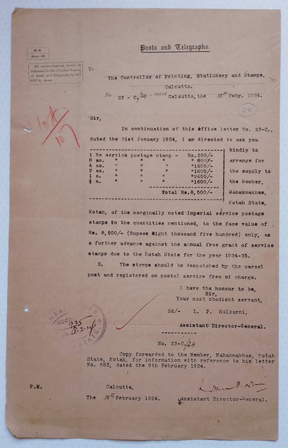 AOP India Official correspondence :Supply of Service stamps to KOTAH STATE 1924