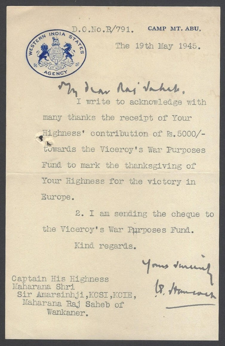 Western Indian States signed crested letter 19th May 1945 Re victory in Europe