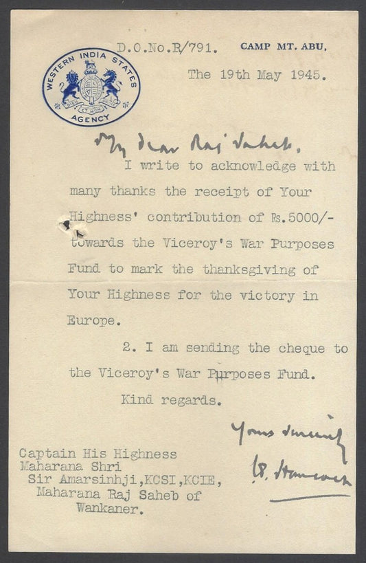 Western Indian States signed crested letter 19th May 1945 Re victory in Europe