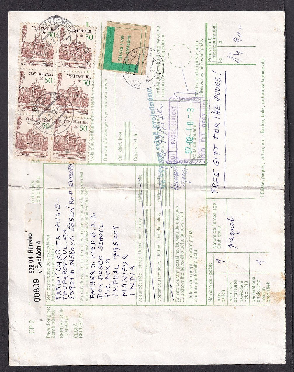 Ceska 1993-95 50kc block of 6 on parcel card to India